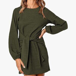 Women's Long Lantern Sleeve Short Dress Crewneck Tie Waist Knit- NEVER WORN!